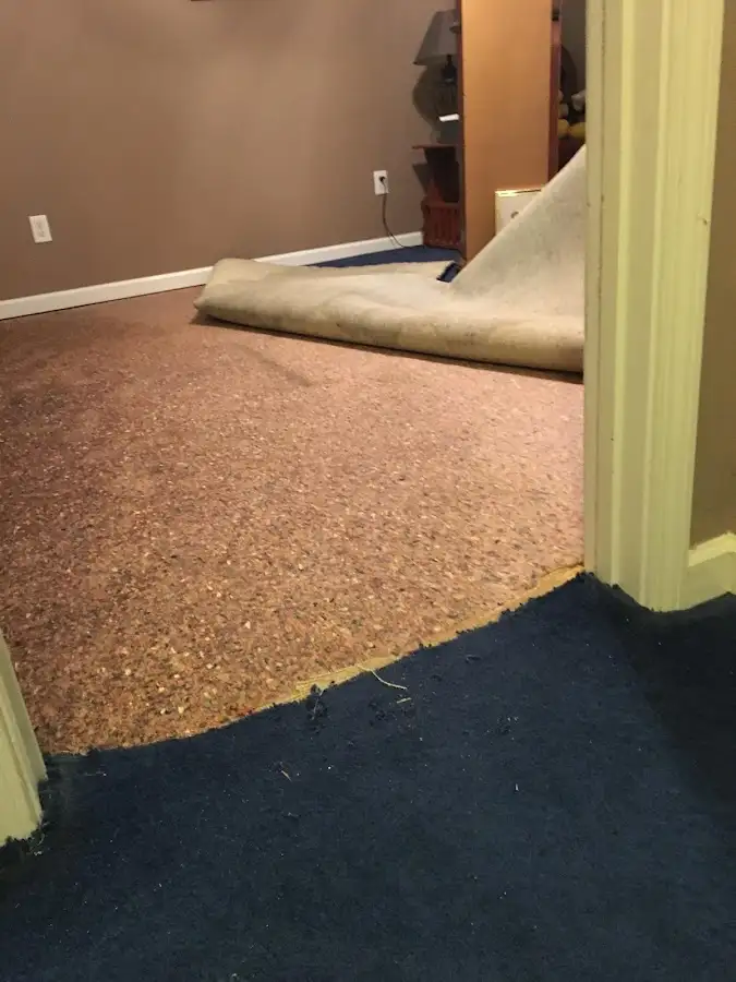 Carpet pad removal revealing water damage during Water Mitigation Services in Front Royal